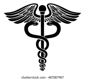 Caduceus symbol of two snakes intertwined around a winged rod. Associated with healing and medicine. 