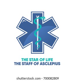 Caduceus symbol of two snakes intertwined around a winged rod. The Star of life. Healing and medicine symbol.