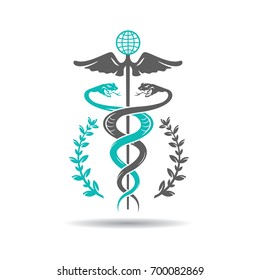 Caduceus symbol of two snakes intertwined around a winged rod. Healing and medicine symbol.