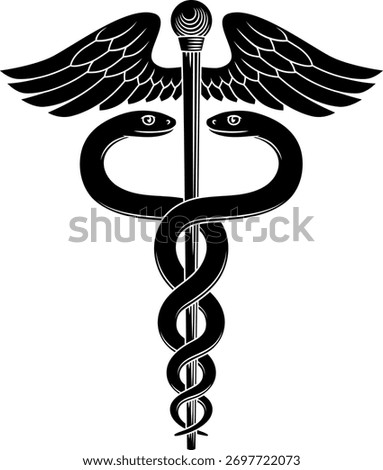 Caduceus symbol of two snakes intertwined around a winged rod. Often associated with doctors, healing and medicine in modern context, though traditionally a symbol of commerce and negotiation.