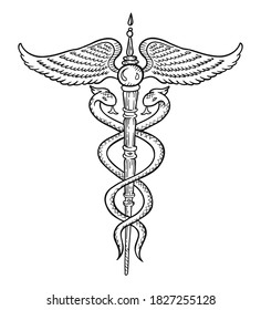 Caduceus Symbol. Wand, Or Staff With Two Snakes Intertwined Around It. Hermes Or Mercury Greco-Egyptian Mythology. Hand Drawn Sketch Vector Illustration.