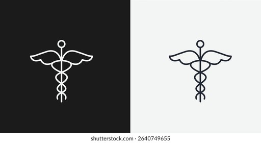 Caduceus Symbol with Wings and Staff on Black and White Backgrounds, Representing Medicine or Healthcare,  White Outline Icon