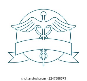 Caduceus in thin line - stamp logo template. Medical and healthcare emblem. Isolated vector illustration