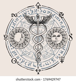 Caduceus with two snakes and wings. Vector banner with hand-drawn staff of Hermes, sun, moon, esoteric signs and magic symbols written in a circle. Medical symbol
