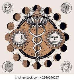 Caduceus with two snakes and wings. Vector banner with hand-drawn staff of Hermes, sun, moon, esoteric signs and magic symbols written in a circle. Zodiac signs and moon phases. Medical symbol