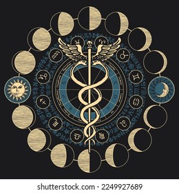 Caduceus with two snakes and wings. Vector banner with hand-drawn staff of Hermes, sun, moon, esoteric signs and magic symbols written in a circle. Zodiac signs and moon phases. Medical symbol