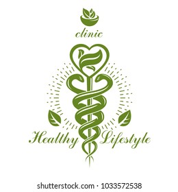 Caduceus vector conceptual emblem created with mortar and pestle. Wellness and harmony metaphor. Alternative medicine concept, phytotherapy logo.