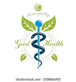 Caduceus vector conceptual emblem created with snakes and green leaves. Wellness and harmony metaphor. Alternative medicine concept, phytotherapy logo.
