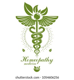 Caduceus vector conceptual emblem created with mortar and pestle. Wellness and harmony metaphor. Alternative medicine concept, phytotherapy logo.