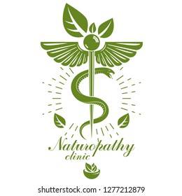 Caduceus vector conceptual emblem created with mortar and pestle. Wellness and harmony metaphor. Alternative medicine concept, phytotherapy logo.