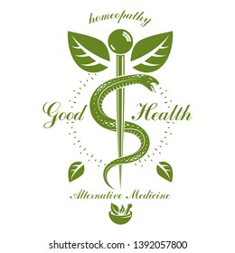 Caduceus vector conceptual emblem created with mortar and pestle. Wellness and harmony metaphor. Alternative medicine concept, phytotherapy logo.