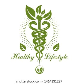 Caduceus vector conceptual emblem created with snakes and green leaves. Wellness and harmony metaphor. Alternative medicine concept, phytotherapy logo.