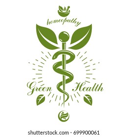 Caduceus vector conceptual emblem created with mortar and pestle. Wellness and harmony metaphor. Alternative medicine concept, phytotherapy logo.