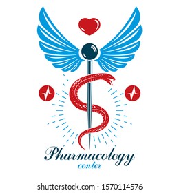 Caduceus vector conceptual logo made using heart shape and an ecg chart. Cardio rehabilitation center vector logotype for use in healthcare business.