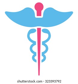 Caduceus vector icon. Style is bicolor flat symbol, pink and blue colors, rounded angles, white background.