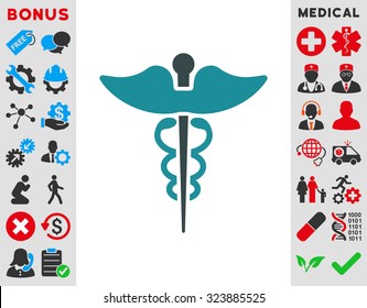 Caduceus vector icon. Style is bicolor flat symbol, soft blue colors, rounded angles, white background.