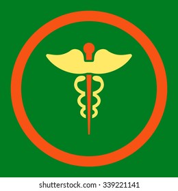 Caduceus vector icon. Style is bicolor flat rounded symbol, orange and yellow colors, rounded angles, green background.