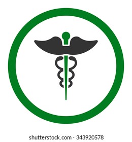 Caduceus vector icon. Style is bicolor flat rounded symbol, green and gray colors, rounded angles, white background.