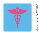 Caduceus vector icon. Style is flat rounded square button, pink and blue colors, white background.