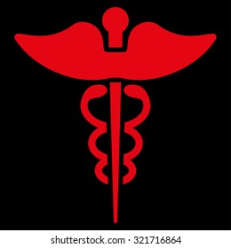 Caduceus vector icon. Style is flat symbol, red color, rounded angles, black background.