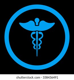 Caduceus vector icon. Style is flat rounded symbol, blue color, rounded angles, black background.