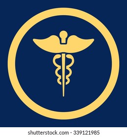 Caduceus vector icon. Style is flat rounded symbol, yellow color, rounded angles, blue background.