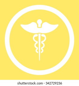 Caduceus vector icon. Style is flat rounded symbol, white color, rounded angles, yellow background.