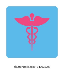 Caduceus vector icon. Style is flat rounded square button, pink and blue colors, white background.