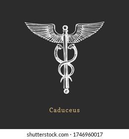 Caduceus, vector illustration in engraving style. Vintage pastiche of esoteric and occult sign. Drawn sketch of magical and mystical symbol.