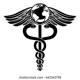 A caduceus world globe medical symbol concept of a medical or hearth care icon with an earth on the top
