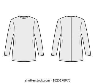 Cady tunic technical fashion illustration with crew neckline, long sleeves, oversized, back zip fastening, elongated hem. Flat shirt template front back grey color. Women men, unisex top CAD mockup