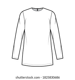 Cady tunic technical fashion illustration with crew neckline, long sleeves, oversized, back zip fastening, elongated hem. Flat apparel shirt template front white color. Women men unisex top CAD mockup