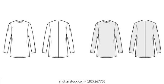 Cady tunic technical fashion illustration with crew neckline, long sleeves, oversized, back zip fastening, elongated hem. Flat apparel shirt template front back white grey color. Women, top CAD mockup