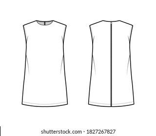 Cady tunic technical fashion illustration with crew neckline, sleeveless, oversized, back zip fastening, elongated hem. Flat apparel shirt template front back white color. Women, unisex top CAD mockup