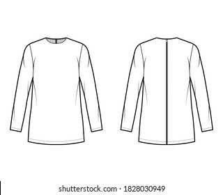 Cady tunic technical fashion illustration with crew neckline, long sleeves, oversized, back zip fastening, elongated hem. Flat shirt template front back white color. Women men, unisex top CAD mockup