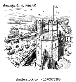 Caernarfon Castle, North Wales, UK, with a magnificent panorama of Snowdonia behind. Engraving style sketch. Vintage design. Travel sketchbook drawing. EPS10 vector illustration.