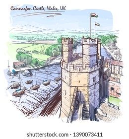 Caernarfon Castle, North Wales, UK, with a magnificent panorama of Snowdonia behind. Painted sketch. Vintage design. Travel sketchbook drawing. EPS10 vector illustration.