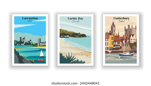 Caernarfon, Gales. Canterbury, Inglaterra. Carbis Bay, Cornualles - Juego de 3 Carteles de Viaje Vintage. Ilustración vectorial. Impresiones de alta calidad