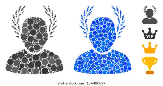 Caesar composition of circle elements in various sizes and color tones, based on caesar icon. Vector circle elements are organized into blue collage. Dotted caesar icon in usual and blue versions.