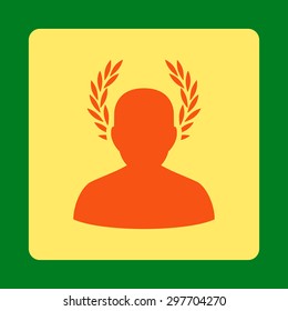 Caesar icon from Award Buttons OverColor Set. Icon style is orange and yellow colors, flat rounded square button, green background.