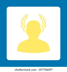 Caesar icon from Award Buttons OverColor Set. Icon style is yellow and white colors, flat rounded square button, blue background.
