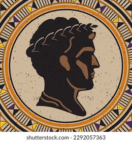 Caesar portrait with laurel, ancient mosaic colorful fresco, vector illustration.