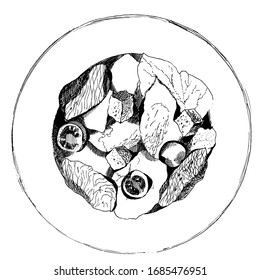 Caesar Salad chicken, eggs, cheese on table. sketch hand drawn. Illustration for menus, recipes and packages product.