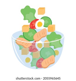 Caesar salad with croutons, grilles chicken meat, fresh vegetable, lettuce vector illustration. Salad in glass bowl on a white background.