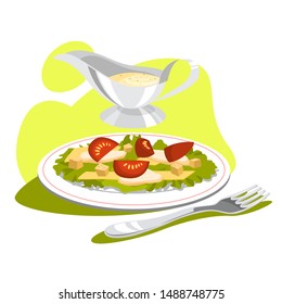 Caesar salad at home. Tasty homemade food. Chicken and lettuce ingredients. Healthy fresh nutrition. Isolated cartoon vector illustration