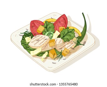 Caesar salad on plate isolated on white background. Delicious restaurant meal made of chicken, lettuce leaves, fresh vegetables and croutons. Tasty appetizer dish. Hand drawn vector illustration.