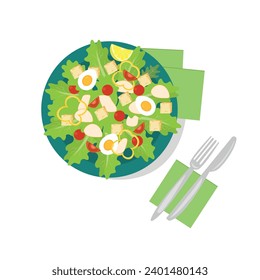 Caesar salad on plate, top view. Vegetables, tomato, lettuce, egg, bell pepper, croutons and chicken. Vector illustration, cartoon, flat style. 