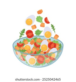 Caesar salad. Caesar salad on transparent bowl. Fresh vegetables salad recipe vector illustration.