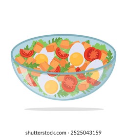 Salada César. Salada Caesar em tigela transparente. Ilustração de vetor de receita de salada de legumes frescos.