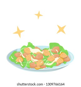 Caesar salad in the plate. Chicken, croutons and lettuce ingredients. Tasty sauce. Healthy fresh nutrition. Isolated flat vector illustration